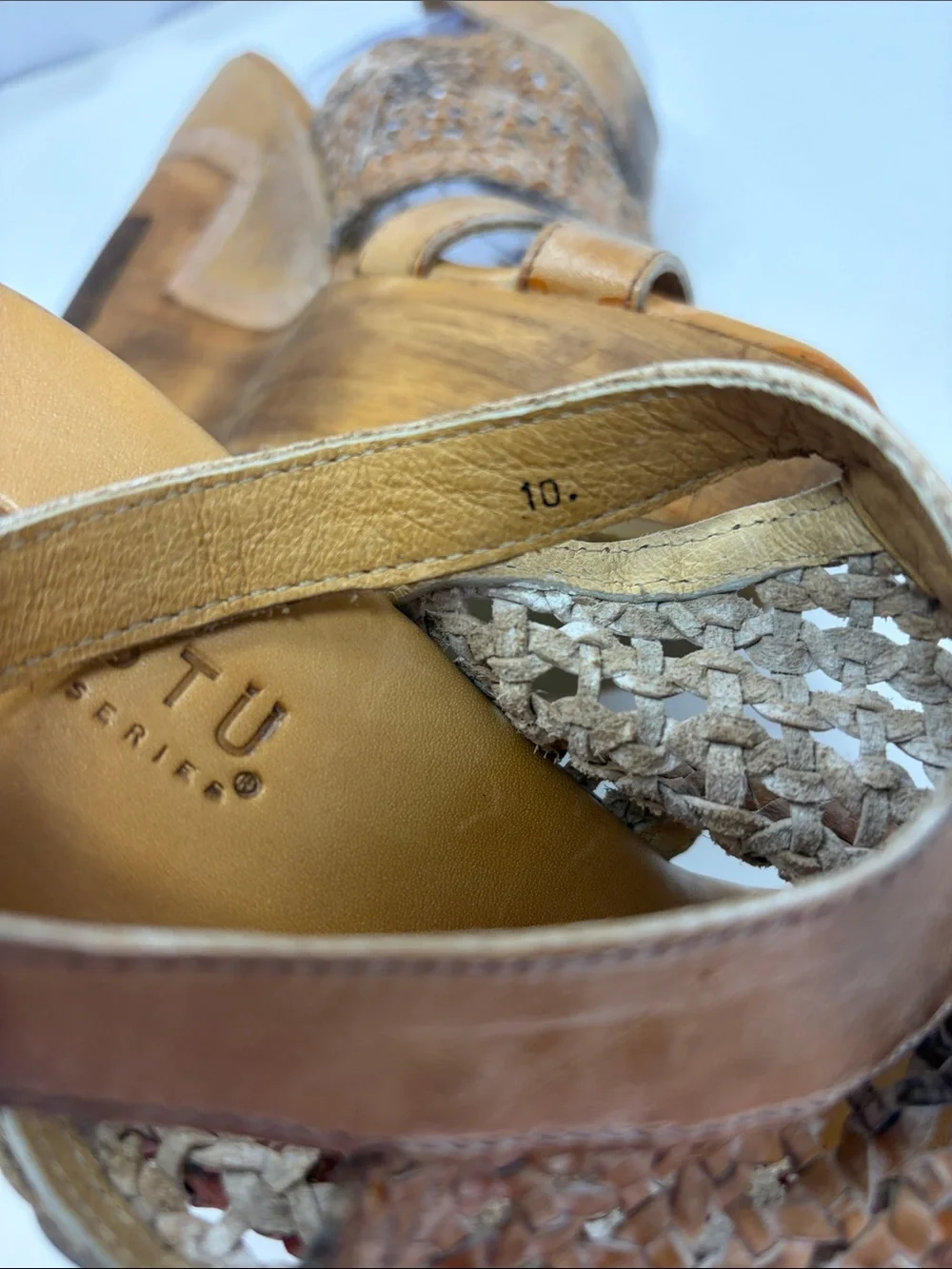 BED|STU Woven Dark Camel Leather Platform Sandals Size 10 Excellent Condition